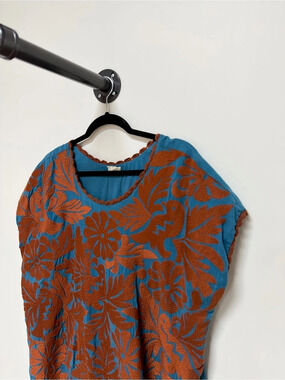 Sister Mary Blue Rust Embroidered Mexican Tunic Dress Size L